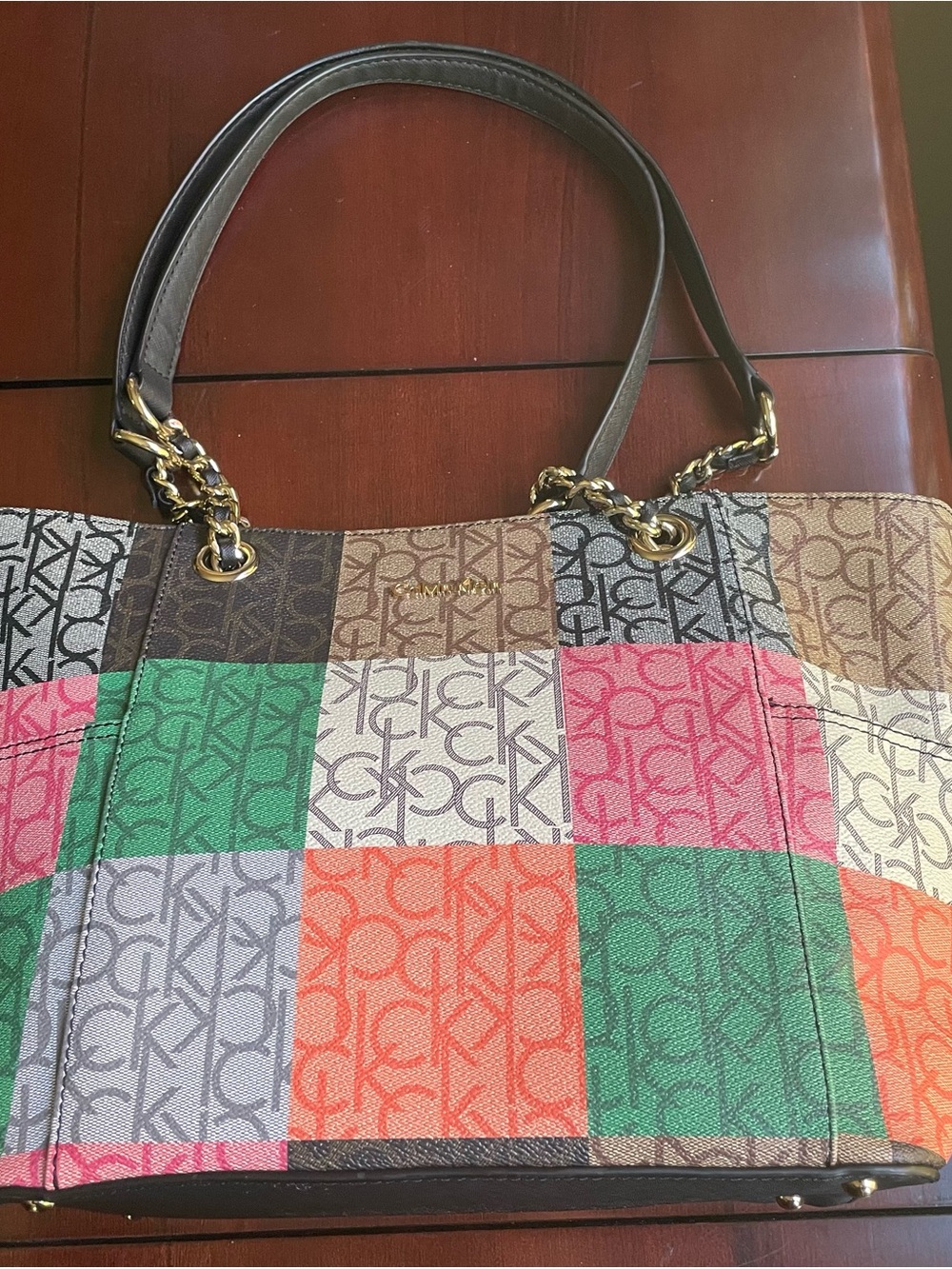 Calvin Klein Multicolor Patchwork Tote with Black Chain-Strap Handles